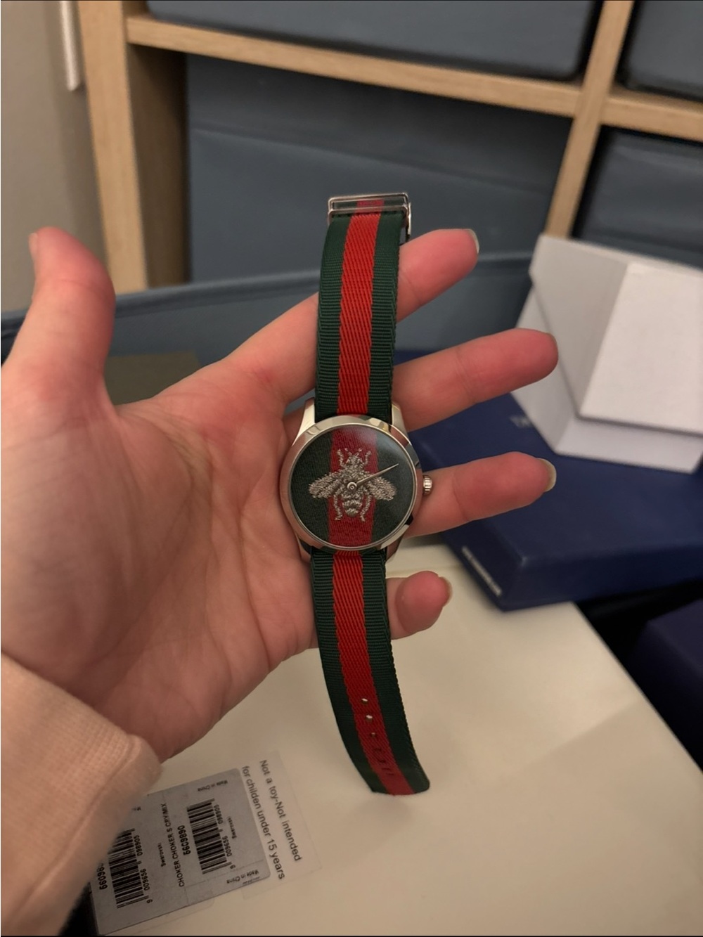Gucci Nylon Strap Watch with Embroidered Bee - Green and Red